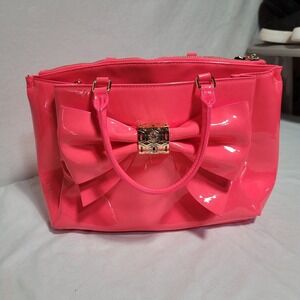 Betsey Johnson Neon Pink Patent Bow Satchel Handbag Gold Tone Hardware